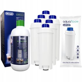    6× Filtru de apă pentru aparat de cafea AquaFloow Longi alb + Delonghi Ecodecalk DLSC500 detartrant 500 ml