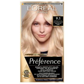    Vopsea de păr permanentă L'Oreal Paris Preference 9.1 Oslo Light Ash Blonde cu un balsam de îngrijire cu filtru UV și un derivat de vitamina E