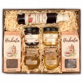  Set coș cadou de ceaiuri și conserve