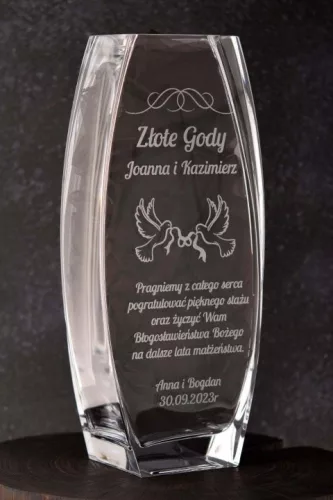 Vaza din sticla transparenta de 32 cm cu gravare alba personalizata