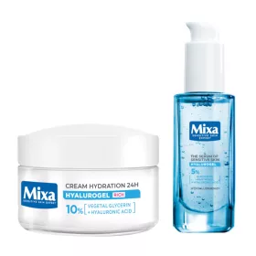    Set Mixa Hyalurogel: crema de fata bogata hidratanta pentru zi si noapte pentru piele sensibila 50 ml, ser hipoalergenic cu acid hialuronic 30 ml