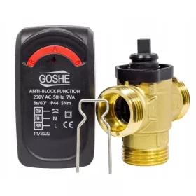   Supapă de zonă cu trei căi Goshe DN25 cu antrenare 230 V, Kvs 8 m³/h