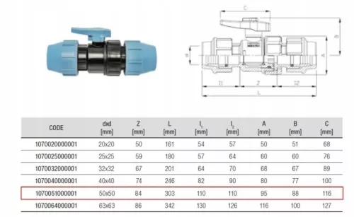 Robinet cu bila Unidelta pentru teava PE 50 mm, PN16