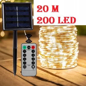    Lumini solare pentru brad, gradina, 200 LED-uri, 20 m, TELECOMANDA, amurg.