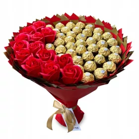    Buchet dulce de Ferrero și trandafiri Cadou Naștere Ziua numelui Nuntă Aniversare de nuntă