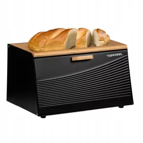   Topfann coș de pâine metalic cu capac de bambus, negru, 35,5 cm