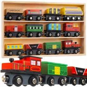  Set locomotiva tren + vagoane magnet din lemn pentru copii