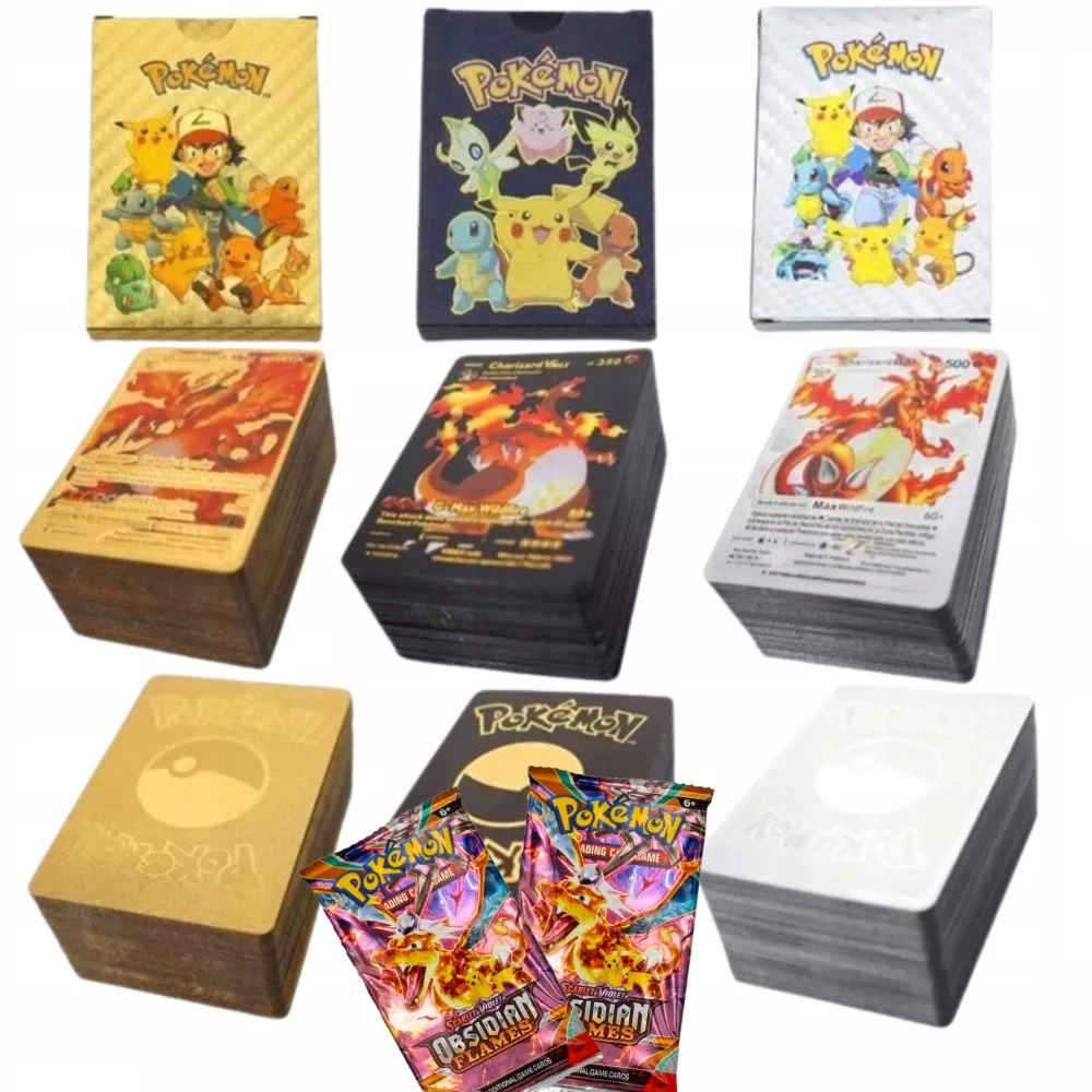 Cărți POKEMON 3în1 Set de 165 bucăți Aur Negru Argintiu + 3×