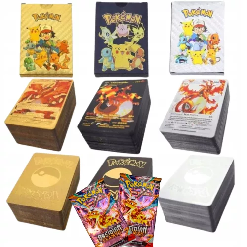 Cărți POKEMON 3în1 Set de 165 bucăți Aur Negru Argintiu + 3×