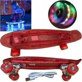   Skateboard Fiszka, roti GLOWING LED, fishboard pentru copii, ROZ