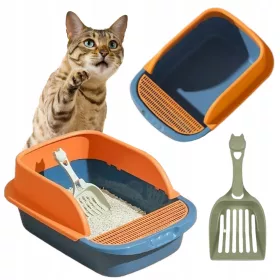    O cutie de gunoi deschisă pentru o pisică cu o linguriță, un set de cutie de gunoi cu margine înaltă, o toaletă
