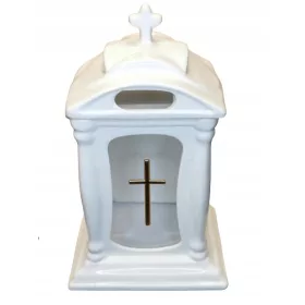   Lumânare Comemorativă Ceramică Mare cu Cruce Aurită, Stabilă și Reutilizabilă