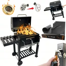    GRIL PREMIUM MARE DE CARBUNE TERMOMETRU DUBLU GRIL + 4x MATERIALE BBQ 1011