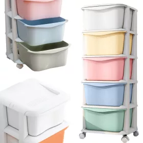    COȘ DE JUcăriE CU RAFET PLASTIC CU 5 SERTARARE COLORATE PE ROȚI