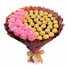    Buchet Ferrero Rocher 40 buc și trandafiri. Cadou de 40 de ani. Nuntă.