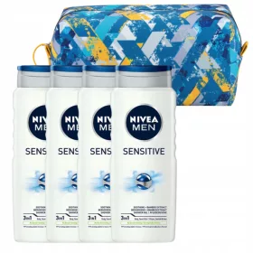    NIVEA MEN SENSITIVE Gel de duș pentru bărbați pentru spălat 500ml x4 + geantă cosmetică