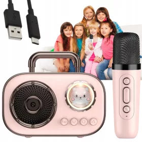    SET KARAOKE FĂRĂ FĂRĂ CU MICROFON BLUETOOTH + DIBUTOR PENTRU COPII + CABLU USB - USB-C 0,5 M 50 CM ALB