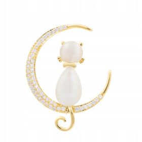  PINETS Broșă pisica pe lună placată cu aur cu zirconi