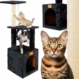    PETSTORY Stâlp de zgâriere negru CAT HOUSE SIZAL pat stâlp 4 nivele