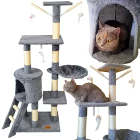    PETSTORY stâlp de zgâriat pisică mare gri 6 nivele POST DE HAMAC sisal 145 cm