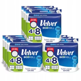  Hârtie Igienică Velvet ecoROLL Delikatnie Biały, 4 Role Echivalente cu 8