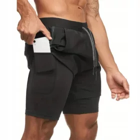    Pantaloni scurți 2 în 1 pentru bărbați cu jambiere, sport, alergare, sală, negru, XL