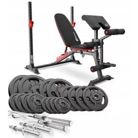    Set de 116 kg cu banca multifunctionala, suporturi, carte de rugaciuni, farfurii din fonta