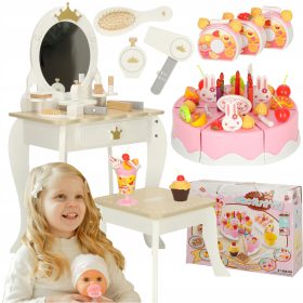    MASSA DE TOALETEA DIN LEMN PENTRU O FATA CU Oglinda, TABURUT, ACCESORII, TORTI LULILO