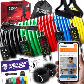    Set de 5 benzi de exerciții pentru antrenament fitness Bandă elastică de până la 100 kg + 5 mânere