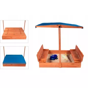    Nisip de gradina din lemn cu acoperis, inchis, banci, 120x120, albastru