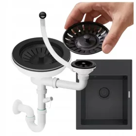   Sifon manual negru Granitan SYFON23788 pentru chiuveta cu o singura camera cu preaplin rotund