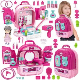    Masă de toaletă într-o valiză rucsac pentru casă de păpuși Set de frumusețe de joacă 3 în 1
