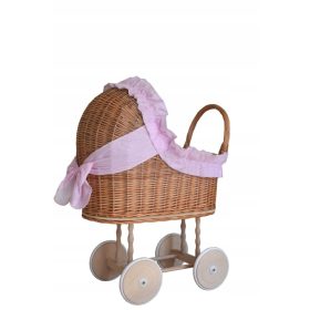    cărucior din răchită, pentru păpuși, grilă din răchită roz + anvelope din cauciuc moale