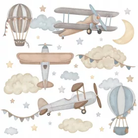 Autocolante de perete cu avioane și baloane 150 × 52,5 cm