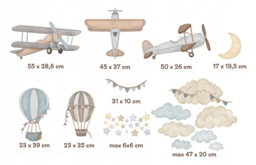 Autocolante de perete cu avioane și baloane 150 × 52,5 cm