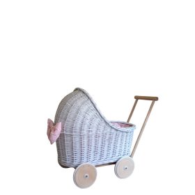    cărucior de păpuși din răchită albă + cauciucuri de cauciuc, garnitură + lenjerie de pat împingător