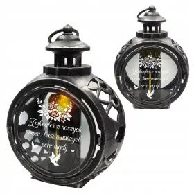   Lampion Funerar Argintiu Rotund cu Gravură de Trandafiri și LED pentru Mormânt