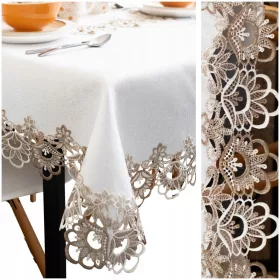   Față de Masă Decorativă cu Dantelă Guipure, 150x220 cm, Alb cu Maro