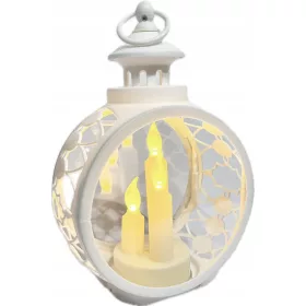   Lampion Decorativ Alb Rotund cu 3 Lumânări LED și Lumina Caldă Pâlpâindă