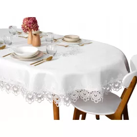   Față de Masă Ovală Albă cu Dantelă Gipiere 140x240 cm, Rezistentă la Pete