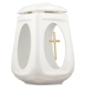 Lumânare Memorială Ceramică Albă cu Cruce de Aur