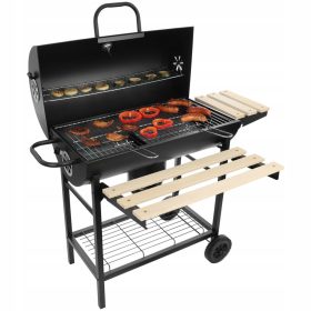    Grătar mare cu cărbune de grădină, cu încuiare, pe roți, cu rafturi și un focar