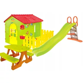    Loc de joaca - casa de gradina cu gard + tobogan cu apa 198 cm + masa