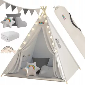  Cort Tipi pentru Copii Gri 120x120x160cm Perne Mat