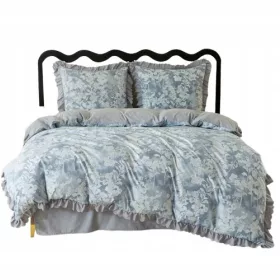   Set Lenjerie de Pat Dublu, cu Volane și Model Floral, 200x220 cm