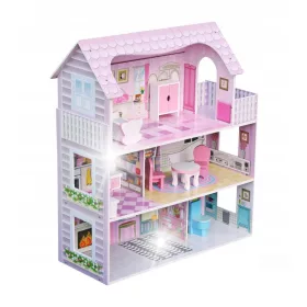    CASA DE PAPUSI DIN LEMN VILA MARE 70CM ROZ cu mobilier si echipamente