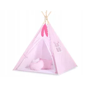   Cort TIPI pentru copii + saltea + pandantive cu pene - Buline albe pe roz