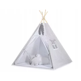    Cort TIPI pentru copii + saltea + pandantive cu pene - Buline albe pe gri