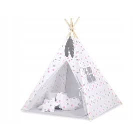   Cort Tipi pentru Copii + Pandantive Pene - Stele Gri-Roz/Gri
