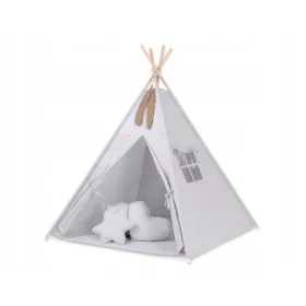    Cort TIPI pentru copii + saltea + perne + pandantive cu pene - gri